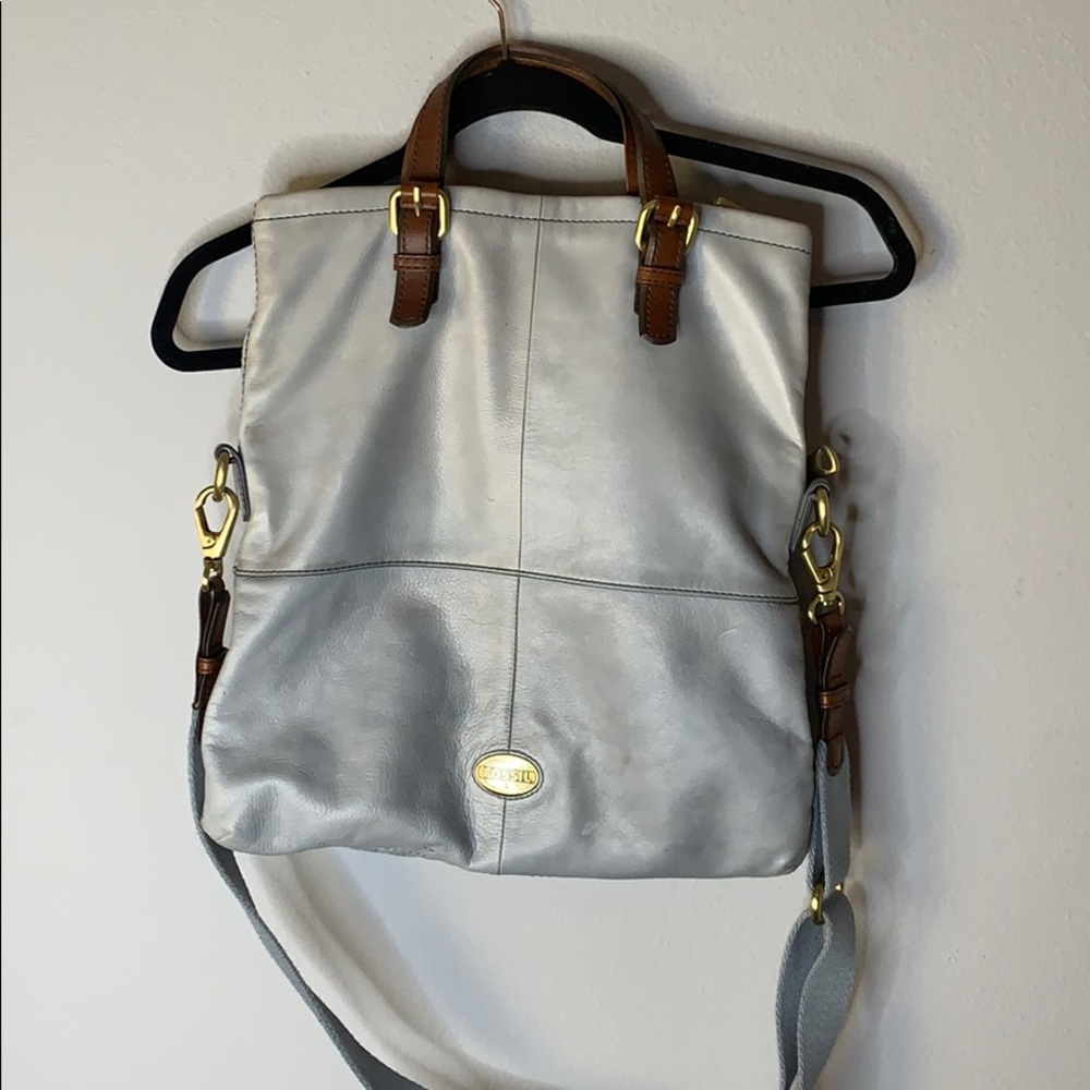 Fossil explorer tote crossbody gray blue